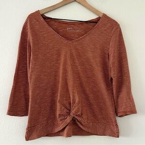 Pact 100% Organic Cotton Twist Knot Top Sz M V-neck 3/4 Sleeve Rust/Orange Indie
